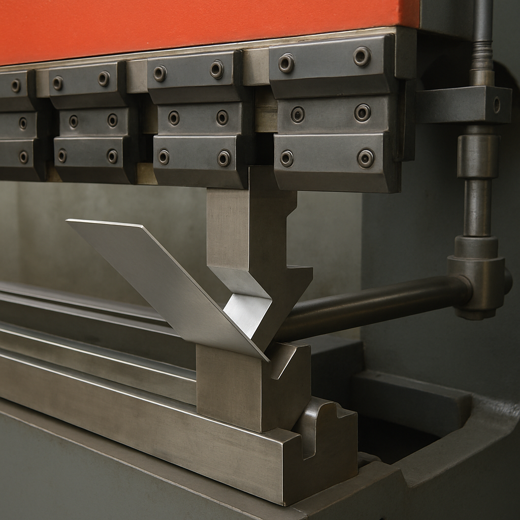 Máquina de plegado de metal en funcionamiento plegando una chapa de metal