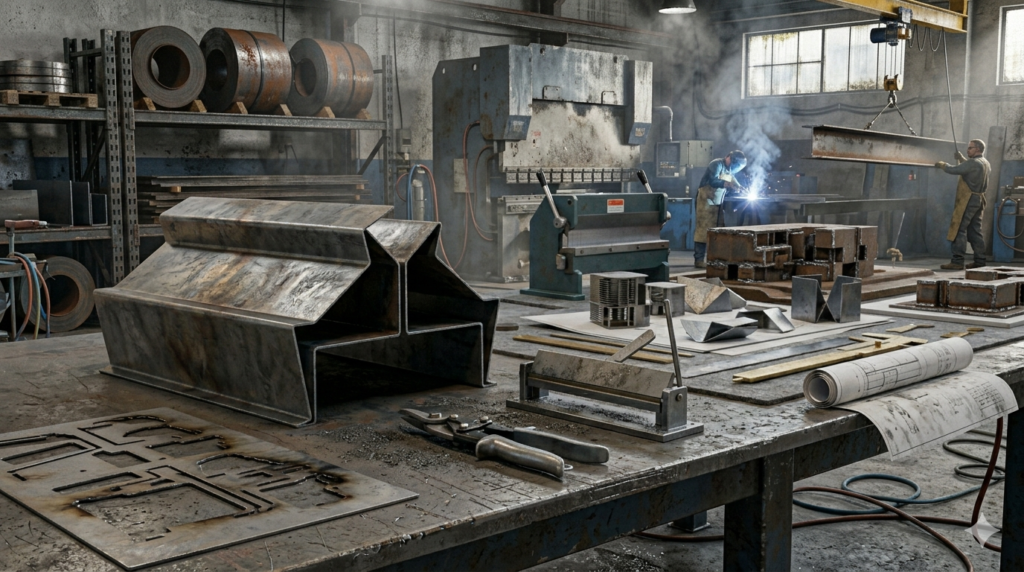 Fabrica oscura con diferentes piezas metálicas, perfiles y máquinas.