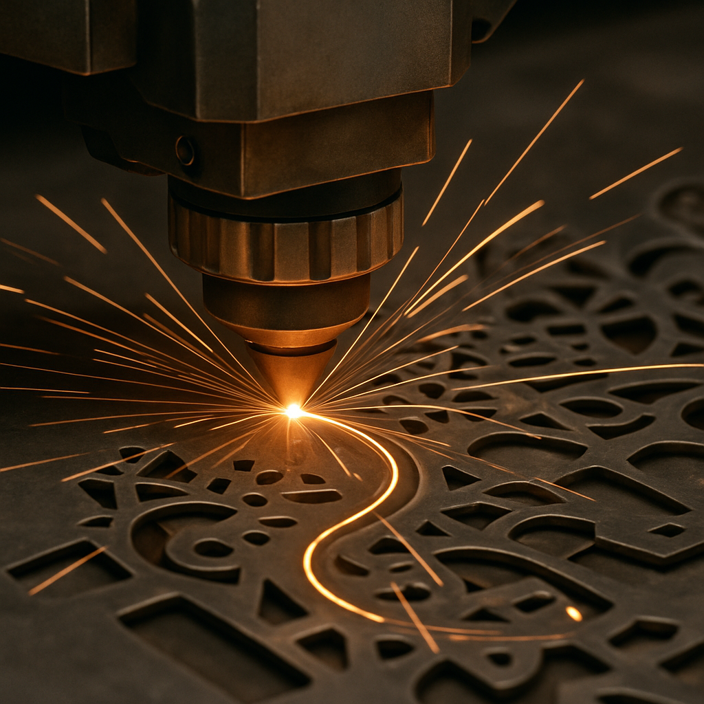 Máquina de corte de laser de metal en funcionamiento cortando formas pequeñas