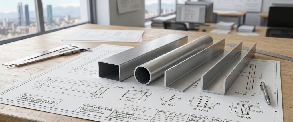 Plano con perfiles de alumnio a medida con diferentes formas colocados encima. Oficina moderna.