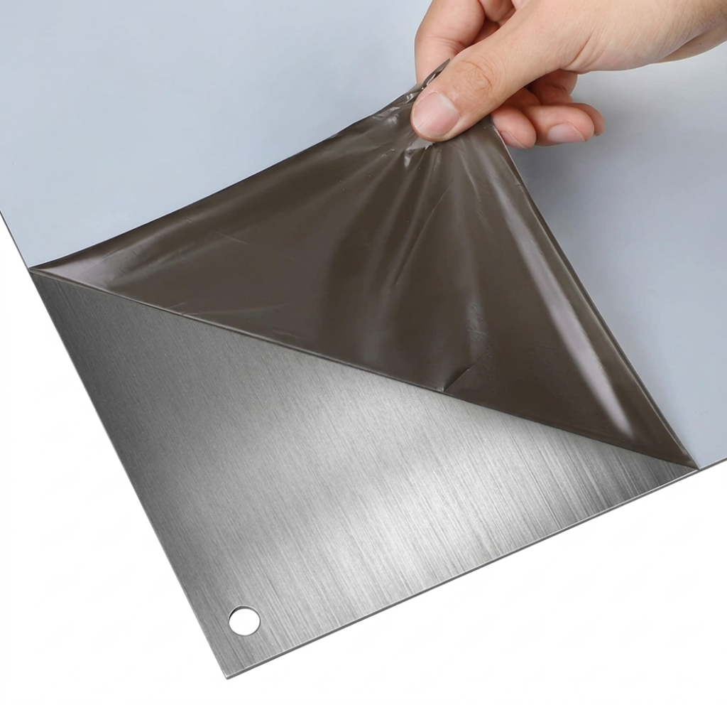 Chapa de metal con plástico protector despegado
