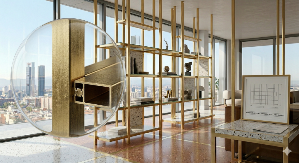 Salon con decorado con perfiles en latón con zoom de las molduras de latón.