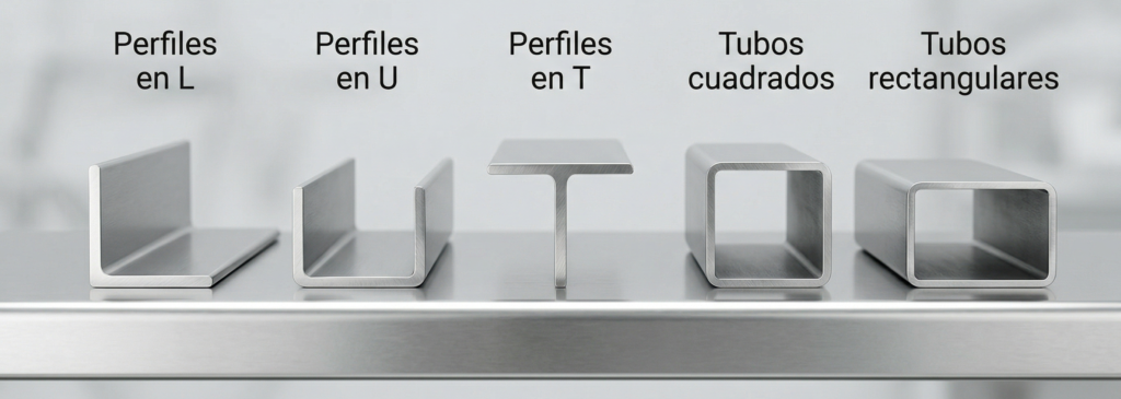 Formas de perfiles de alumnio, T, U, L y tubo cuadrado y rectangular