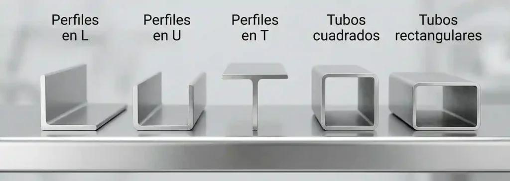 Formas de perfiles de alumnio, T, U, L y tubo cuadrado y rectangular